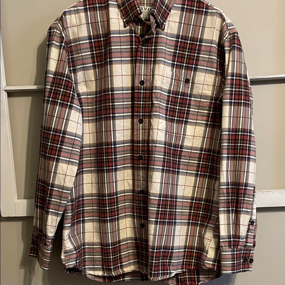 Orvis Men's Burgundy, Cream, and Navy Plaid Button-Down Shirt